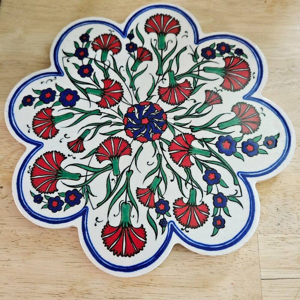Turkish hot pad ceramic trivet red, blue flowers cream